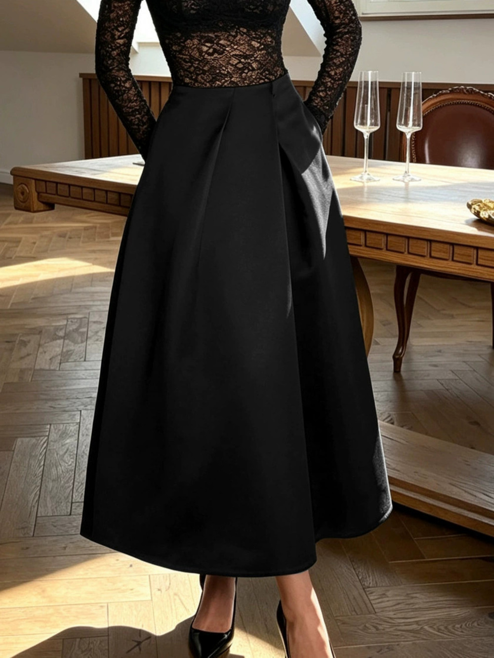 Forever 21 Early Fall Pleated A-Line High Waist Casual Black Flared Skirt